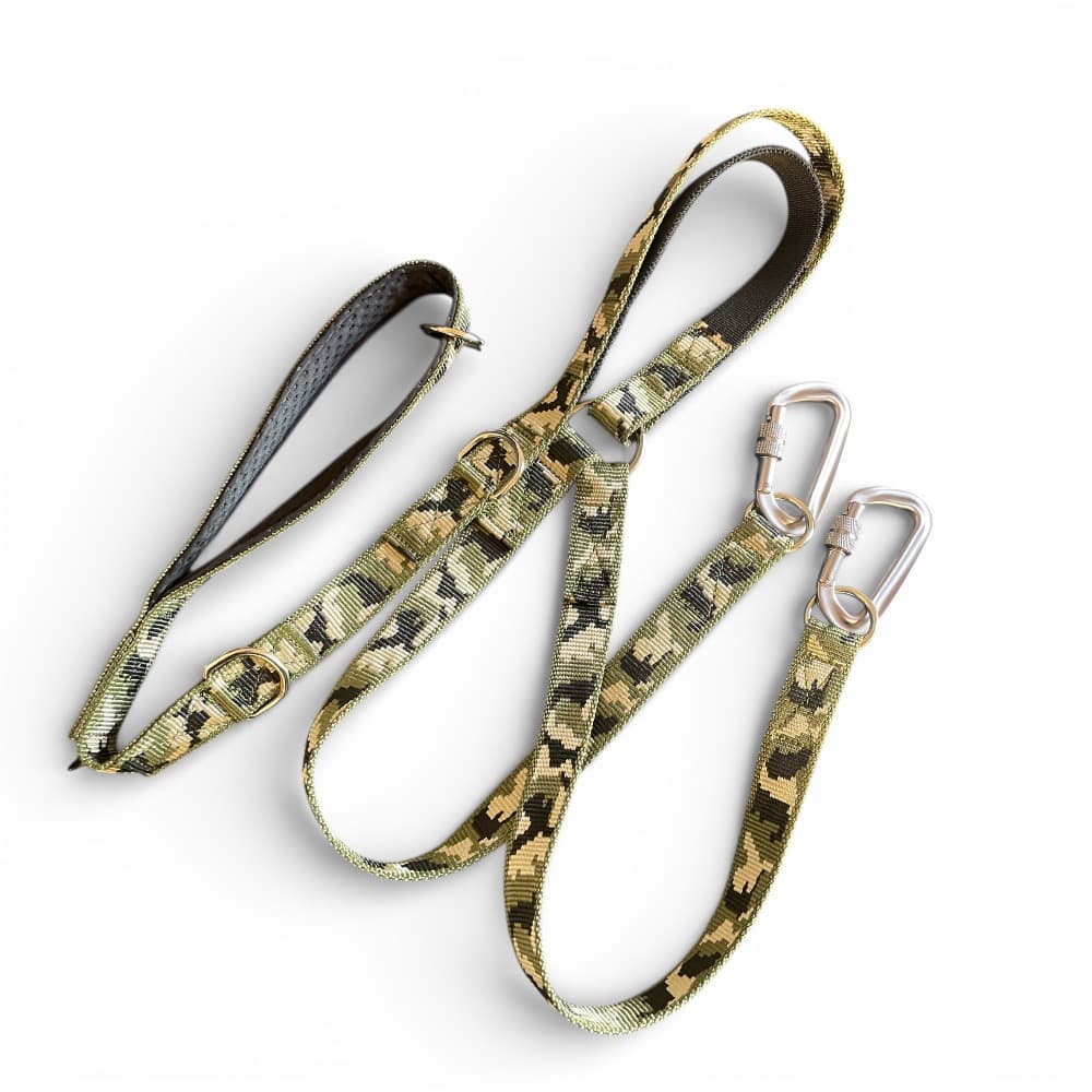 Custom Dog Lead in 25mm green camo with bungee and splitter.